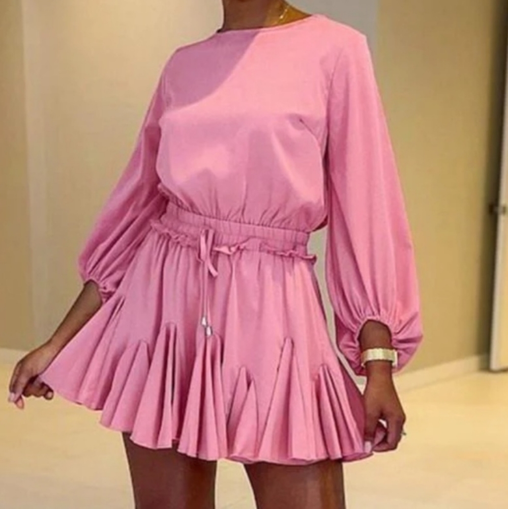 Solid Pink Drawstring Ruffle Romper